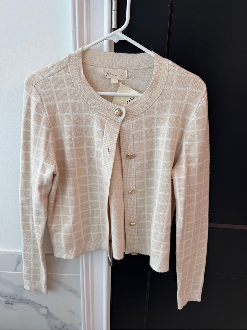 Marled Cream Windowpane Cardigan with Gold Buttons
